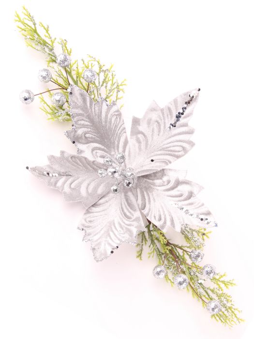 Ветка новогодняя Настольный серебряный цветок 37х21х5.7см, полиэстер