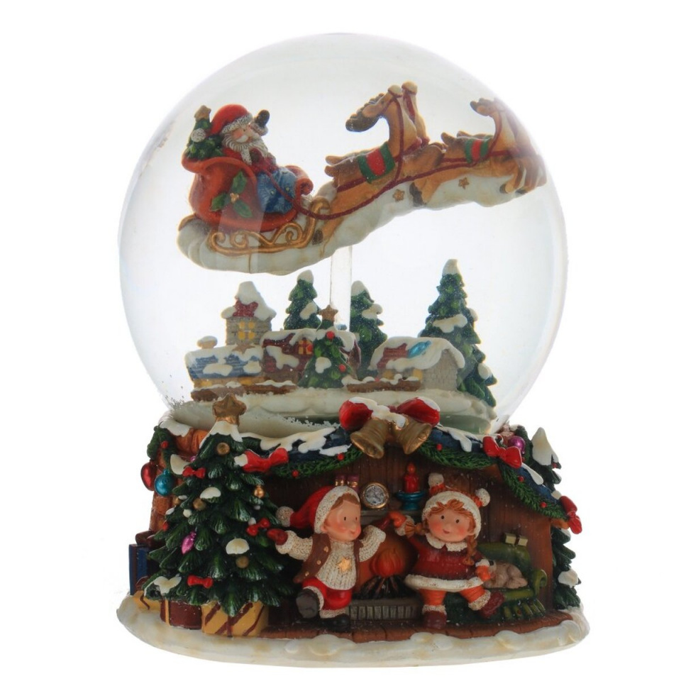 Водяной шар с муз. и эффект. вьюги Дед Мороз на санях, 16х16.5х20.5см, стекло