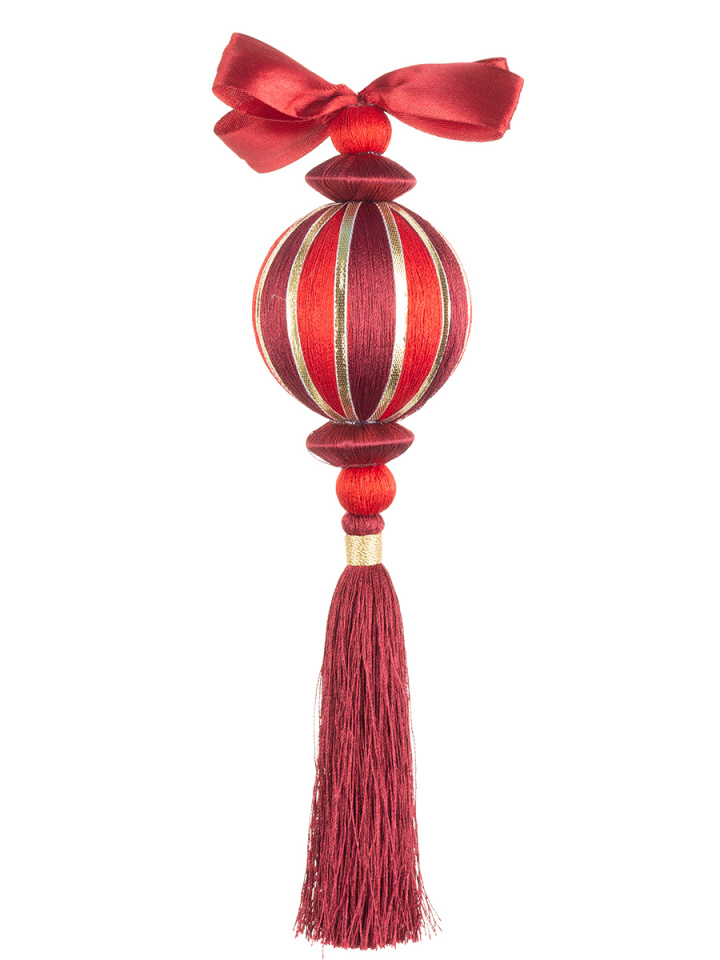 Подвеска-шар красно-бордовый с бантом и кисточкой 25см, текстиль