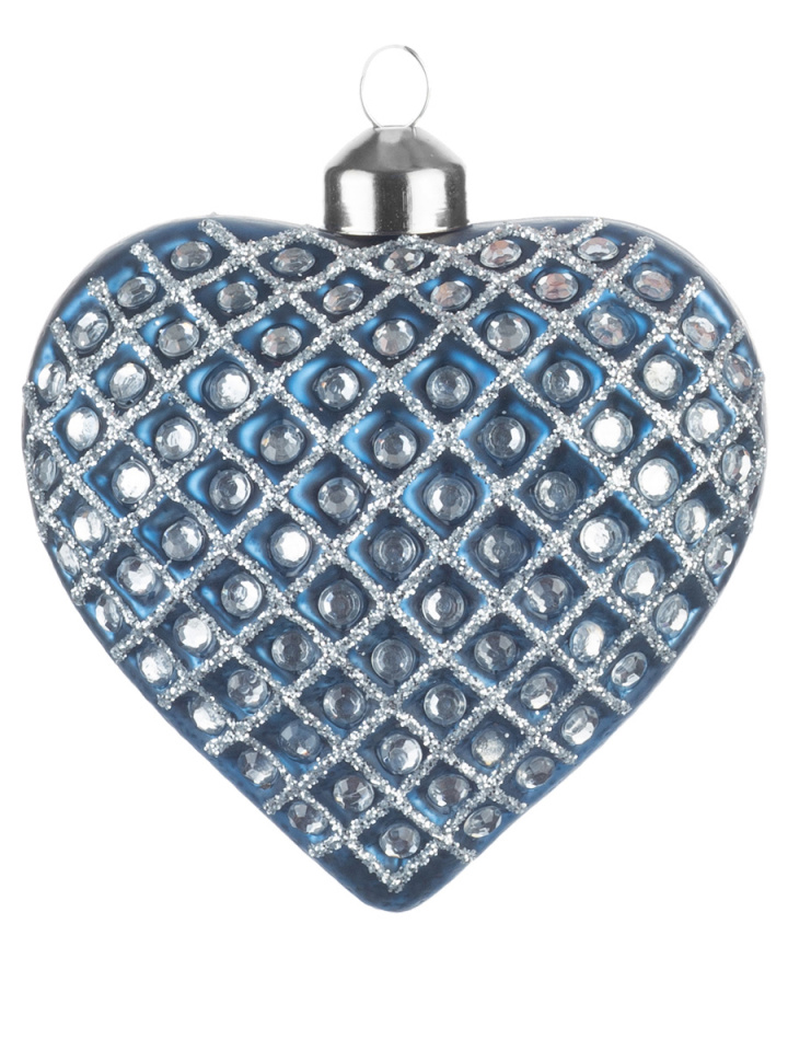 Сердце игрушка елочная  10х4х10см, синее со стразами, стекло