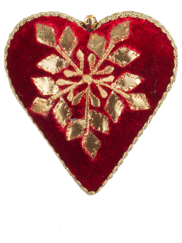 Сердце бордовое с золотым узором 12см, текстиль